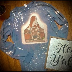 Boutique custom bleached long sleeve cowtag super soft Bella+canvas size Lg